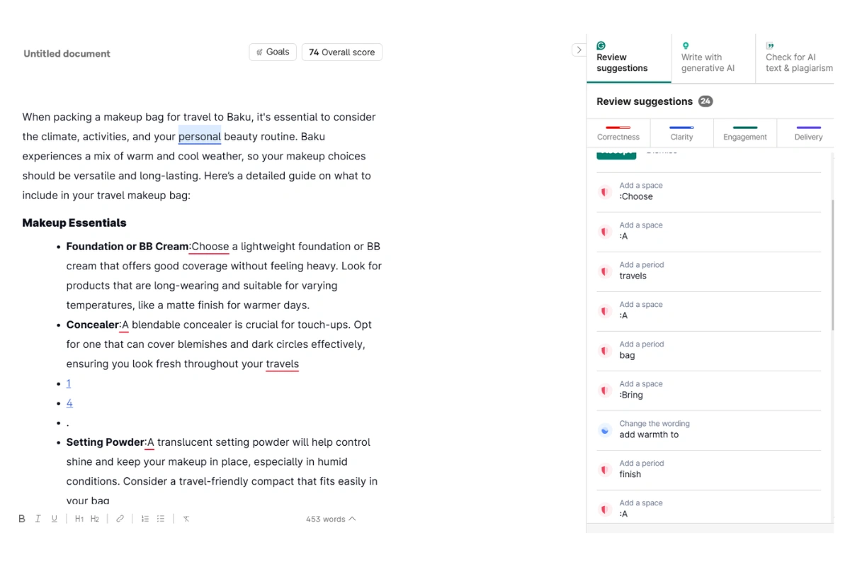 Grammarly's webpage showing its features.