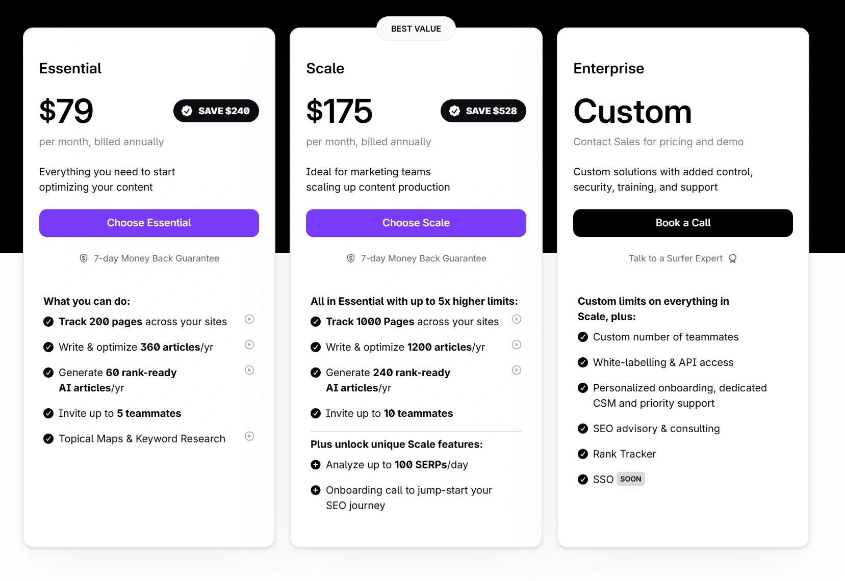 Surfer SEO's pricing plan.