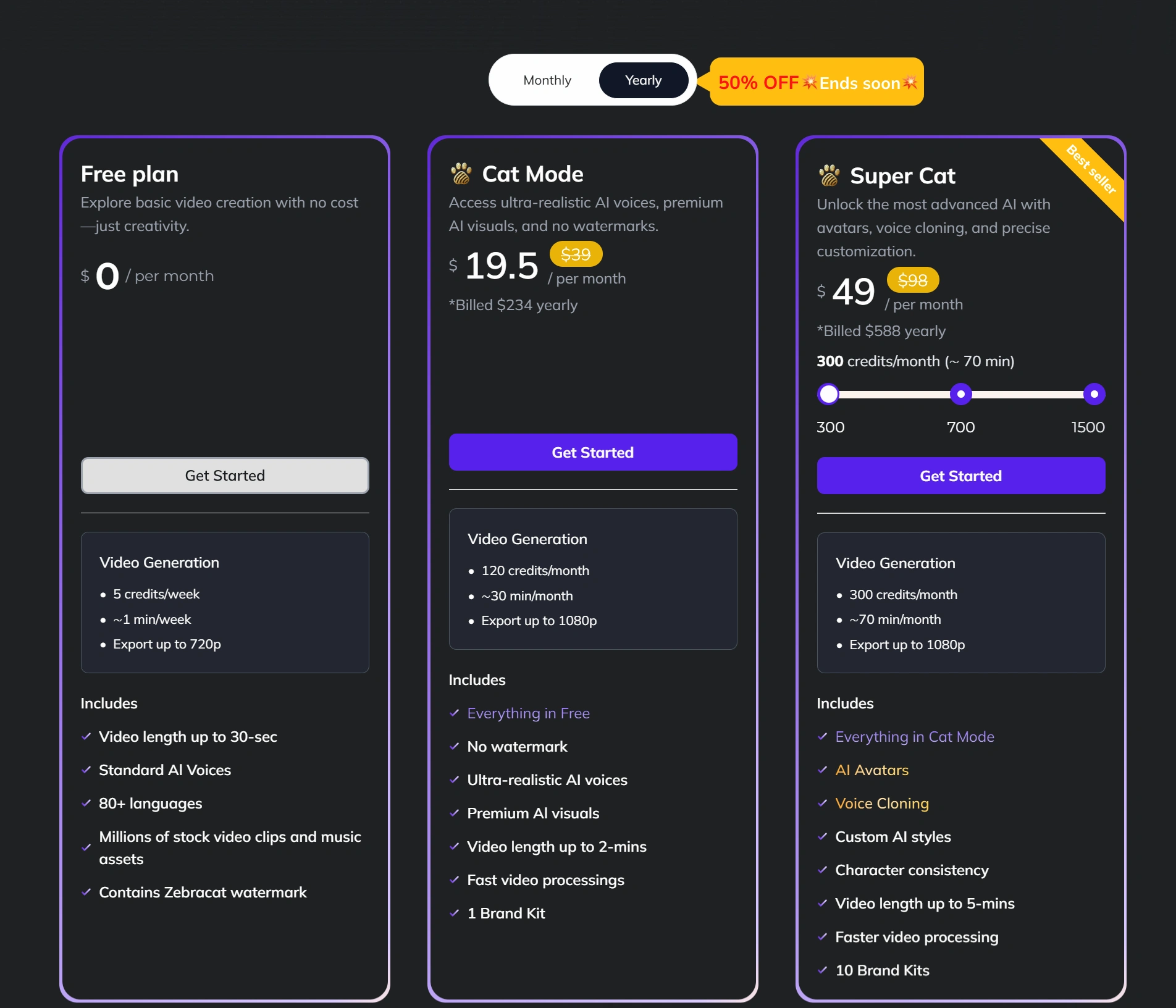 Zebracat's pricing interface.