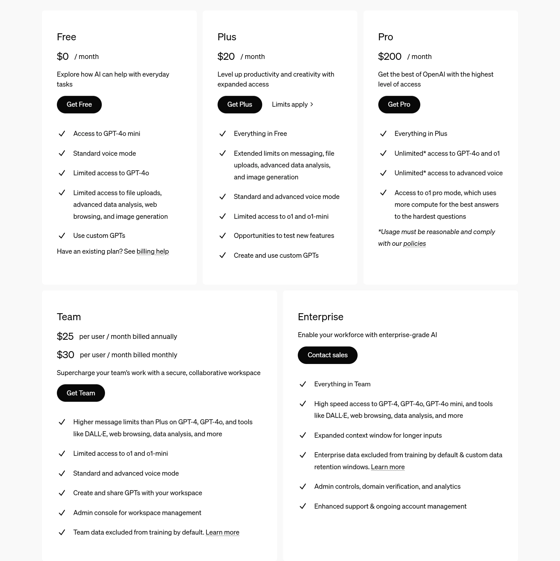 ChatGPT's pricing plans interface.