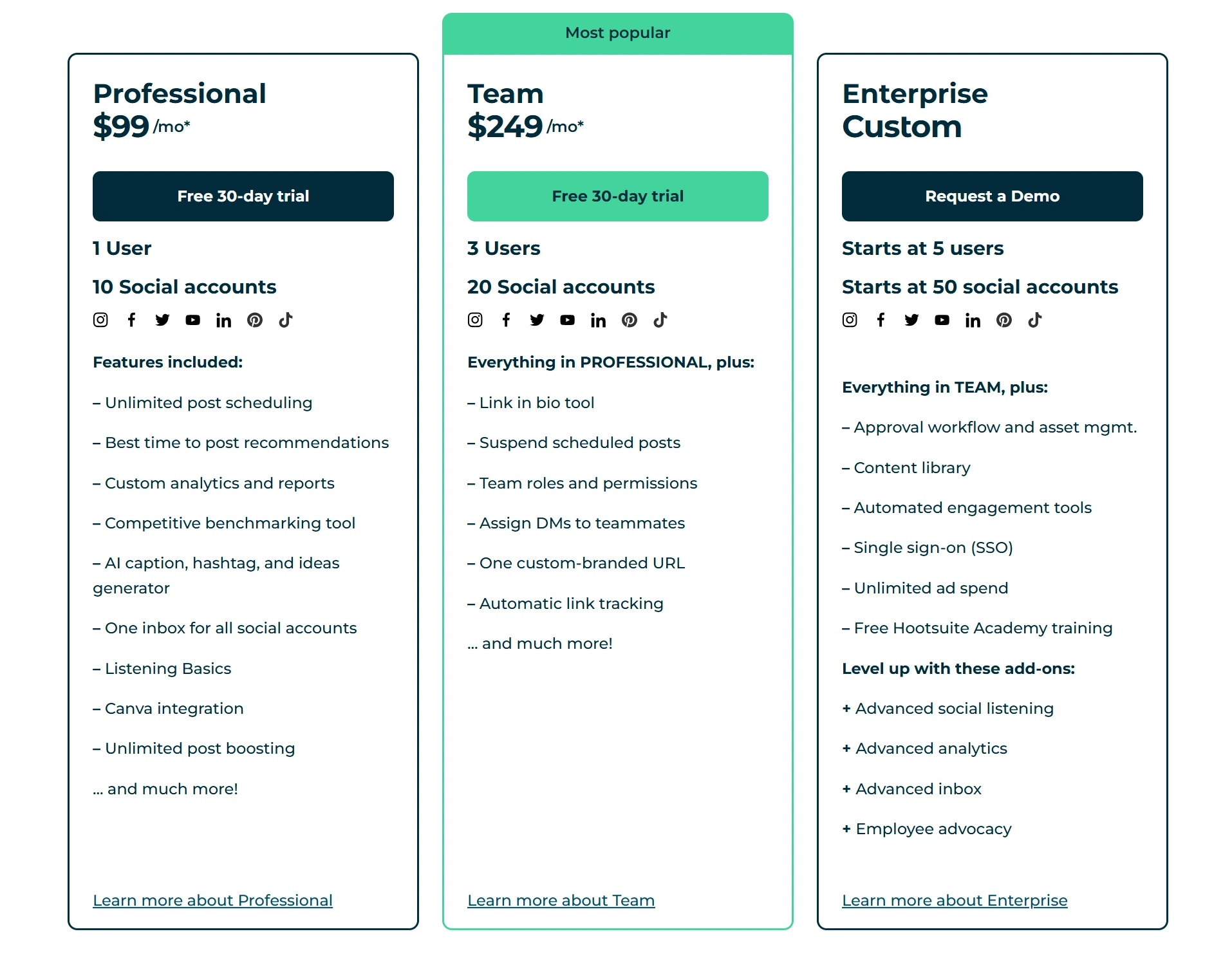 Hootsuite's pricing plan.