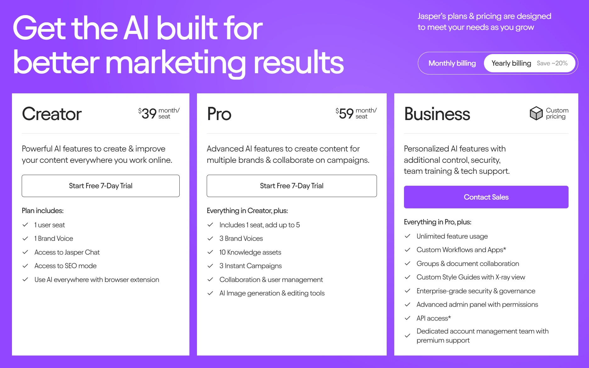 Jasper AI's pricing plans.