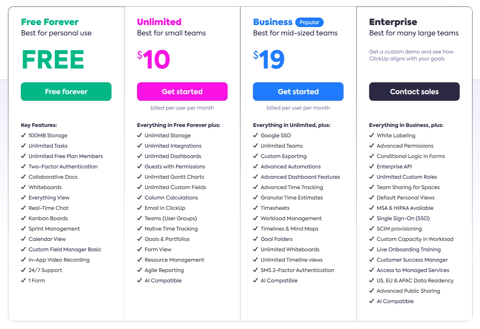 ClickUP's pricing plans.