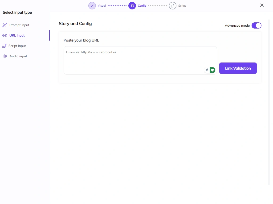 Zebracat's URL input interface.