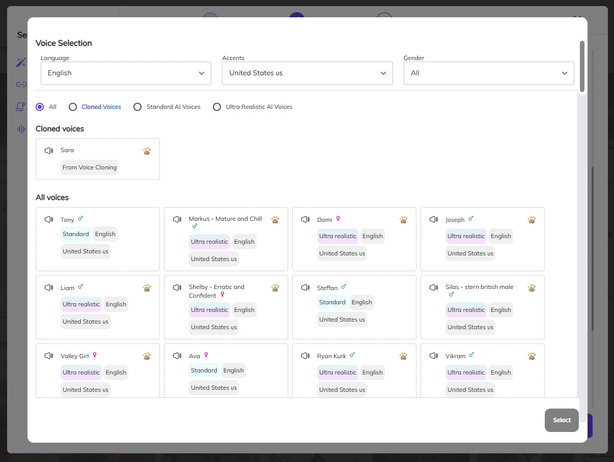 Zebracat's voice selection interface.