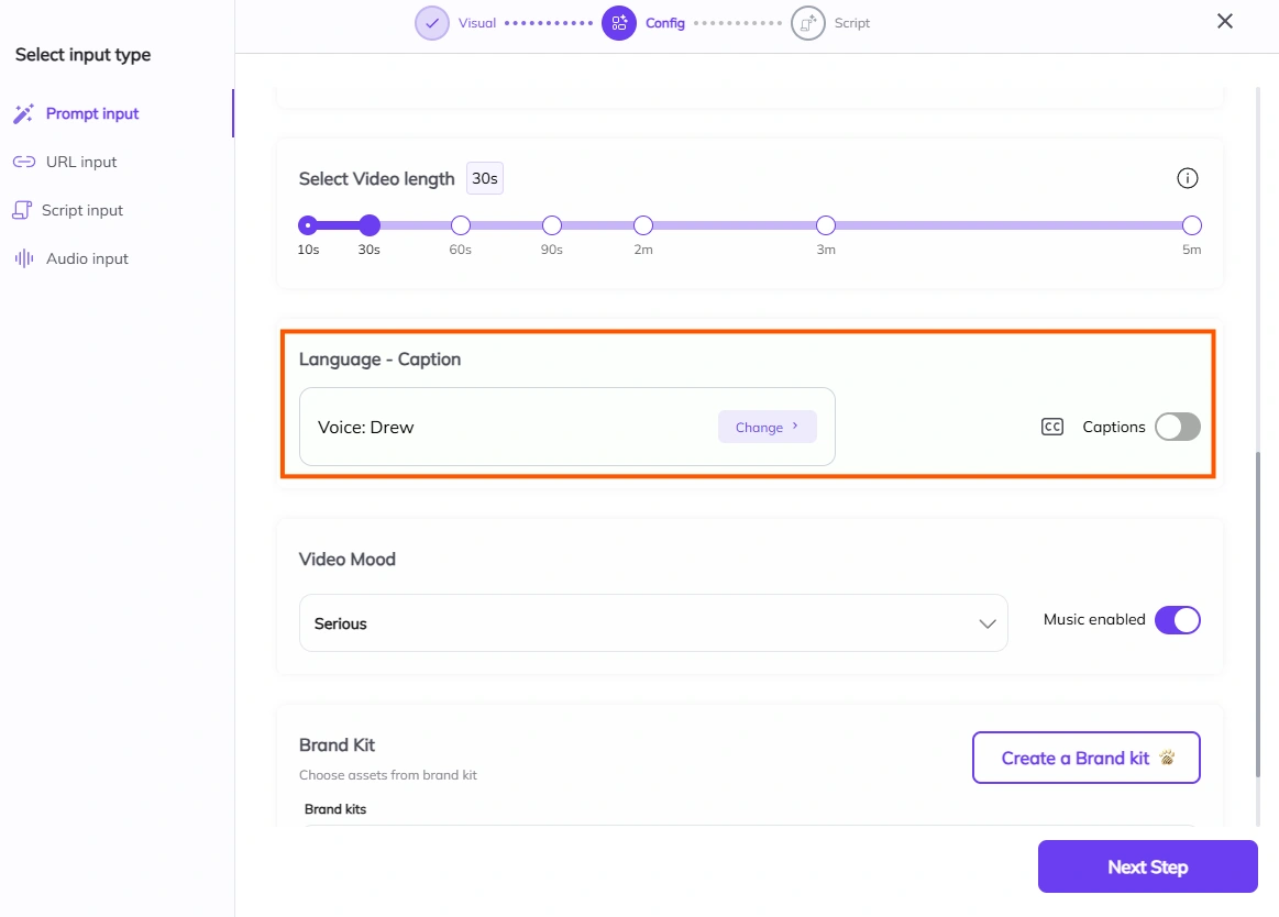 Zebracat's video prompt input interface.