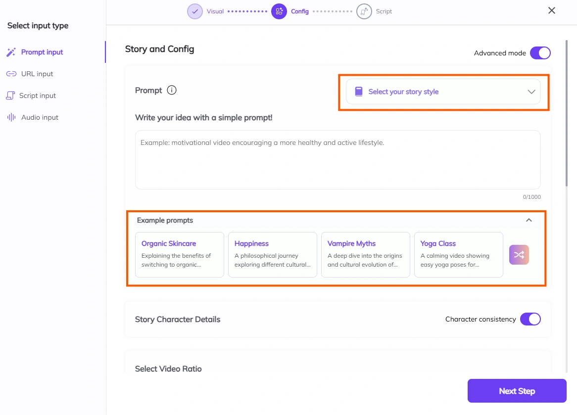 Zebracat's video prompt input interface.