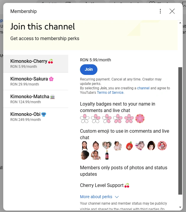 Kimono Mom's YouTube channel membership interface.