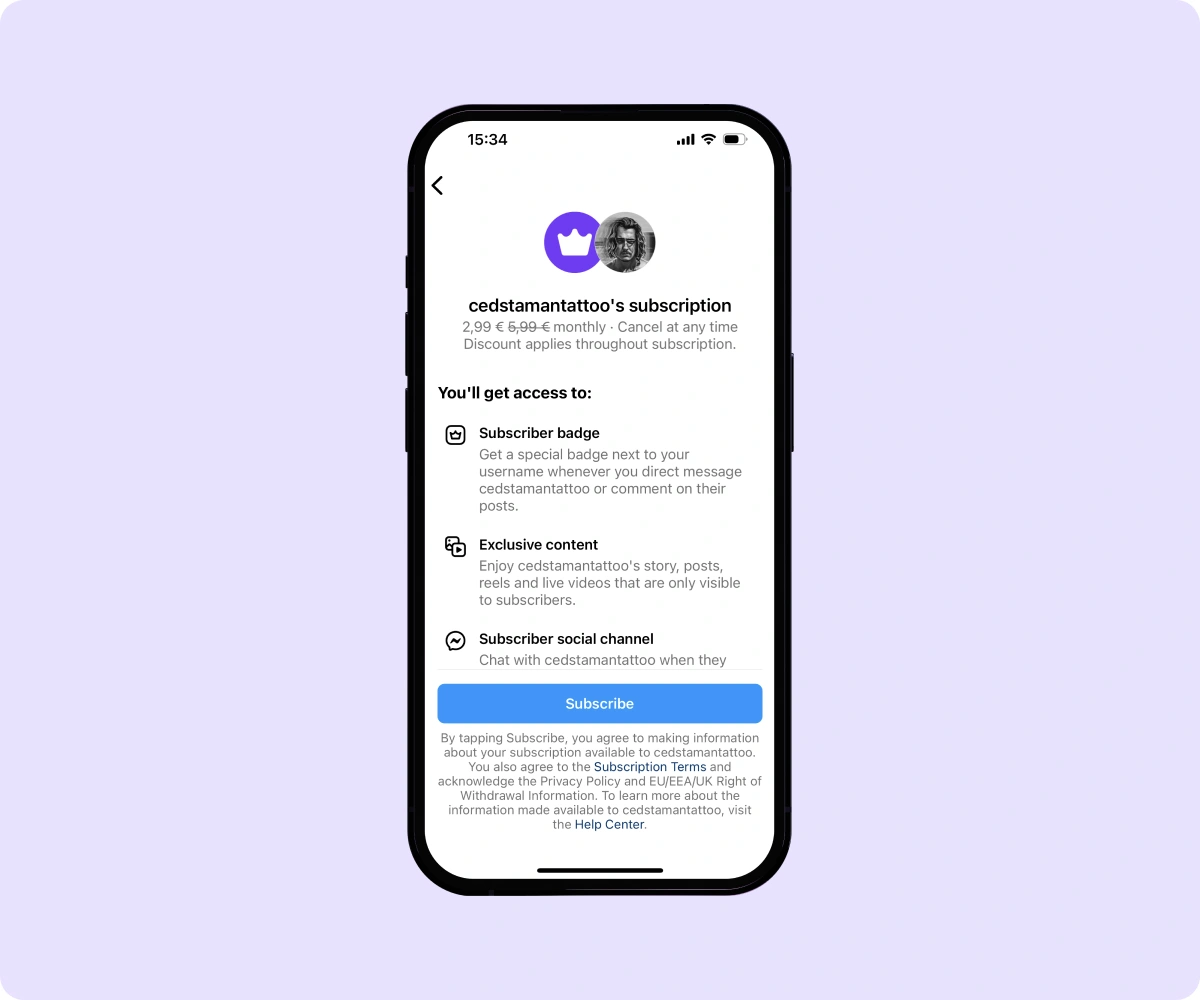 Instagram's subscription service screen.