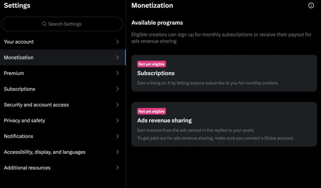 Twitter/X's Monetization interface.