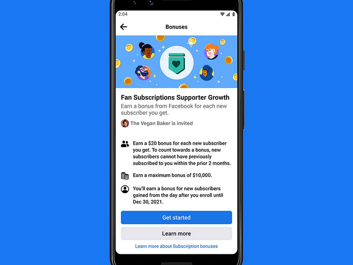 Facebook's subscription screen.