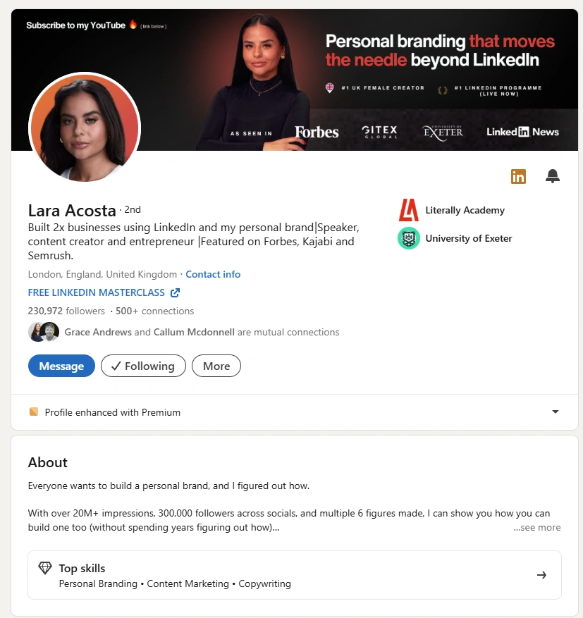 Lara Acosta's LinkedIn Profile.