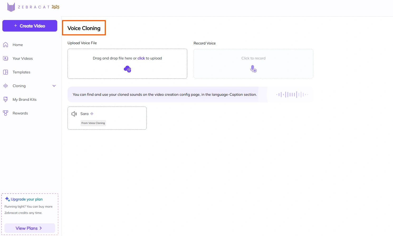 Zebracat's video cloning interface.