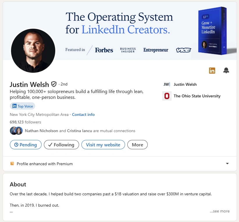 Justin Welsh's LinkedIn profile.
