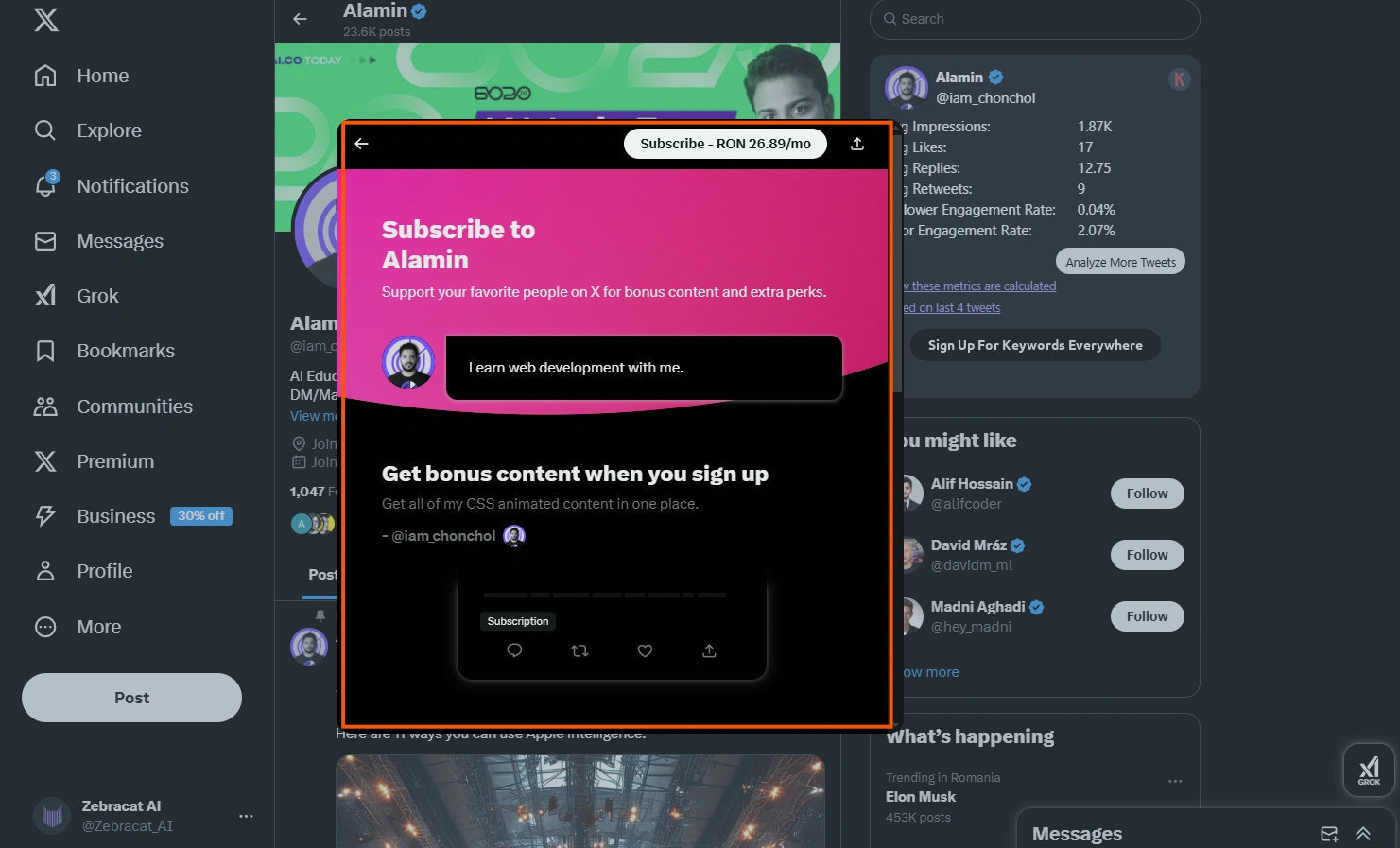 Alamin's Twitter/X profile.