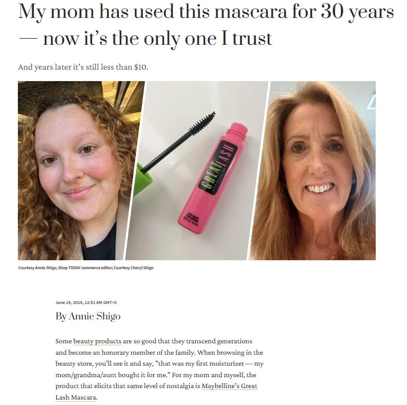 An Article snippet pink mascara tube and brush beside.