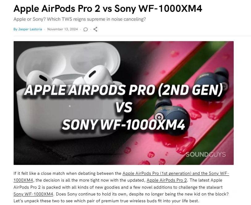 Article on Apple Airpods Pro 2 vs. Sony WF-1000XM4.