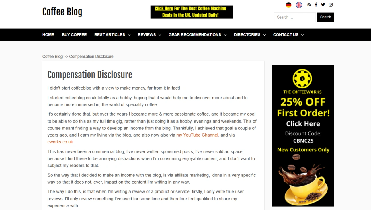 Coffee Blog's compensation disclosure page.