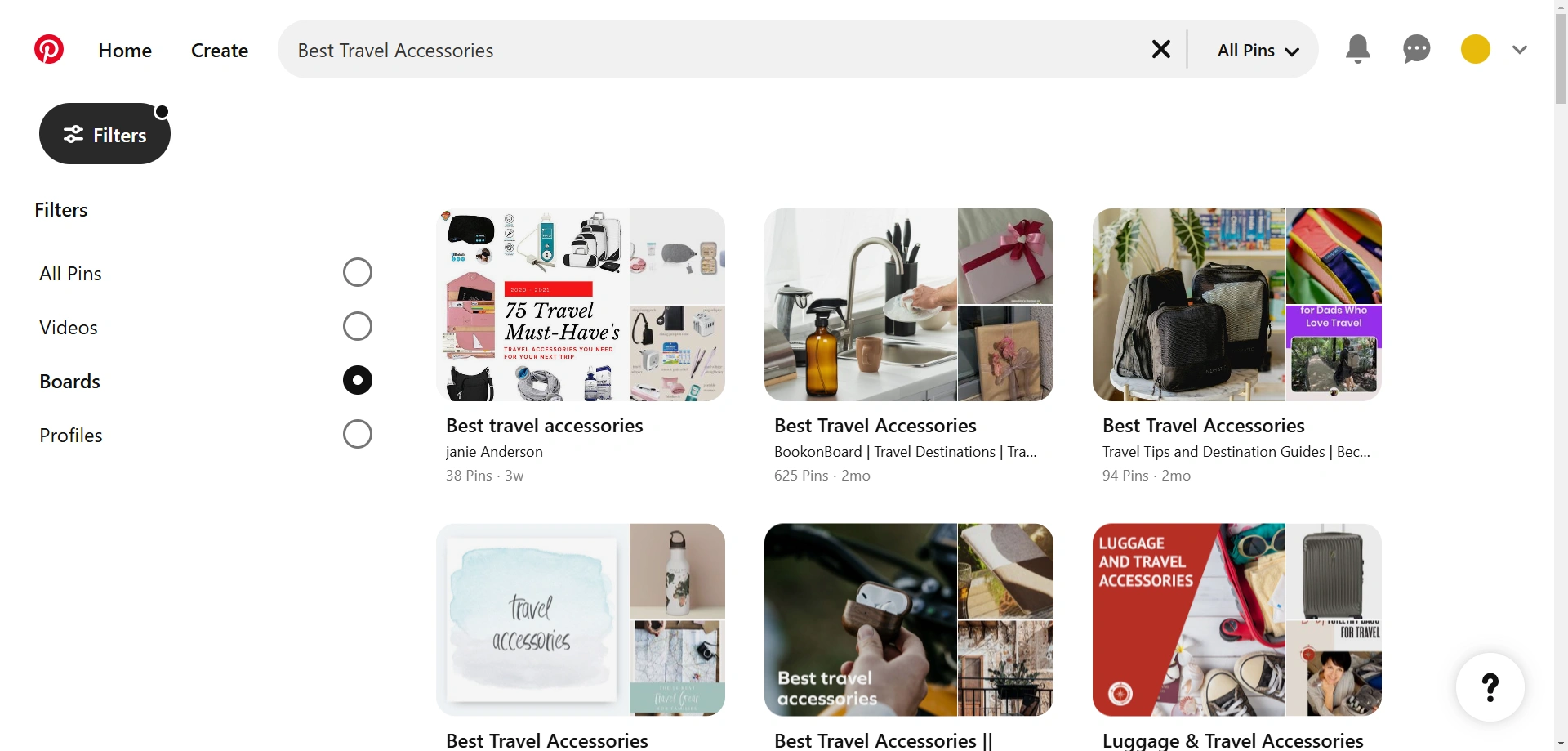 Pinterest's search results page.