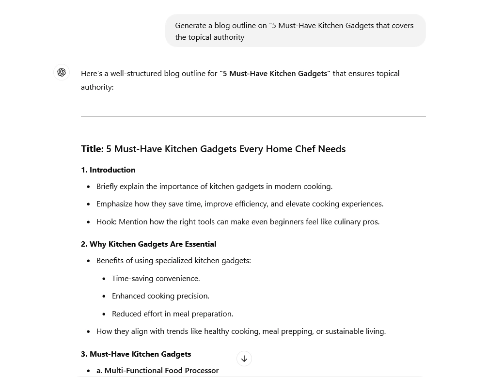 ChatGPT's A blog outline on "5 Must-Have Kitchen Gadgets".