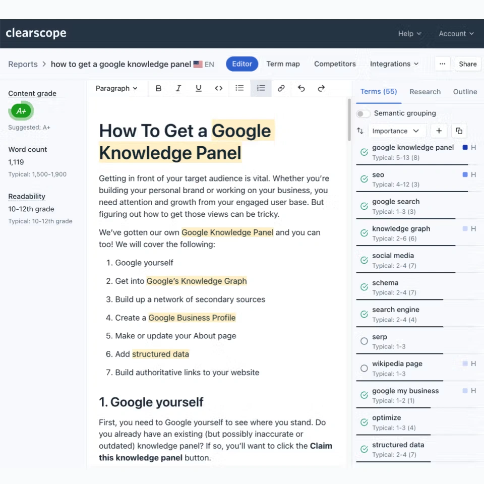 Clearscope's editor page
