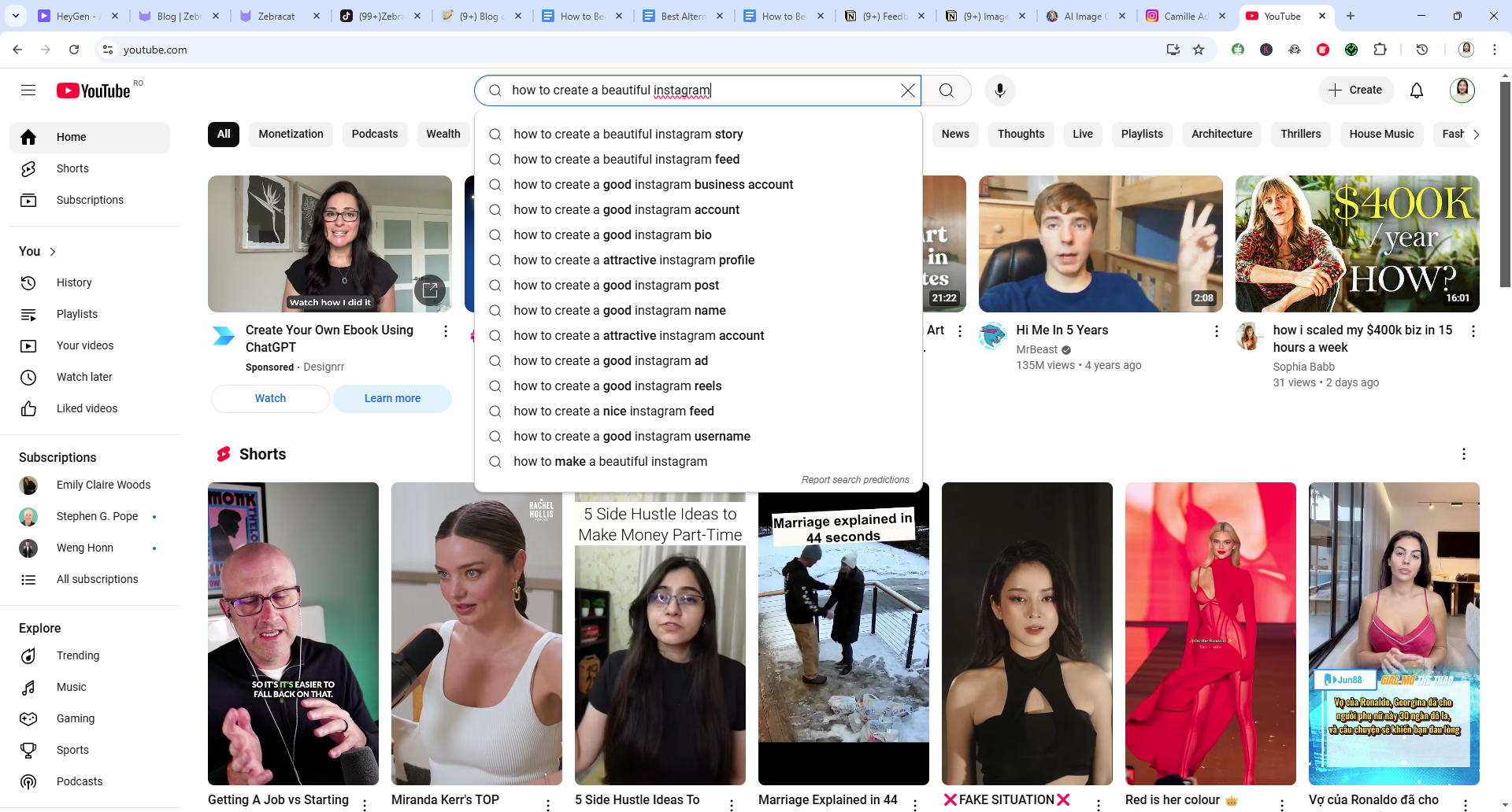 YouTube's search result page.