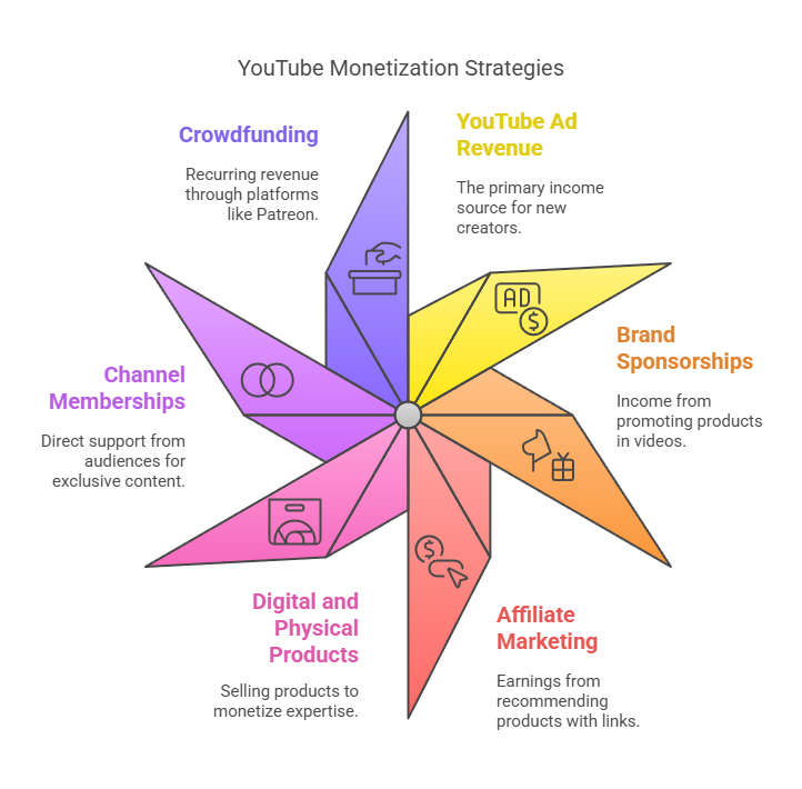 Infographic outlining YouTube monetization strategies.