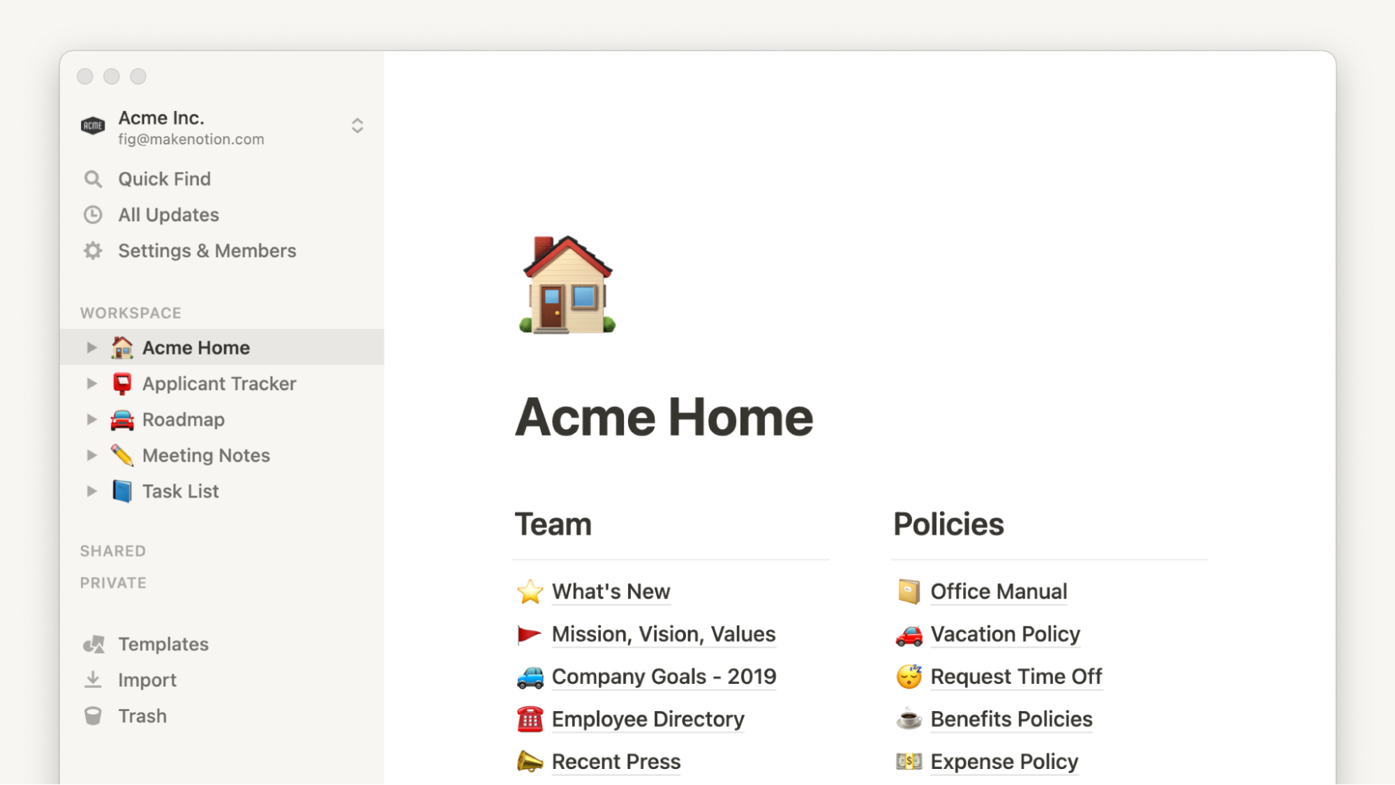 Acme Home Inc.'s Notion workspace.