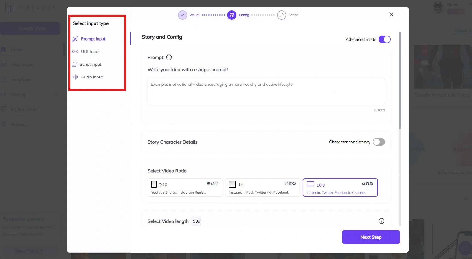 Zebracat's prompt input interface.