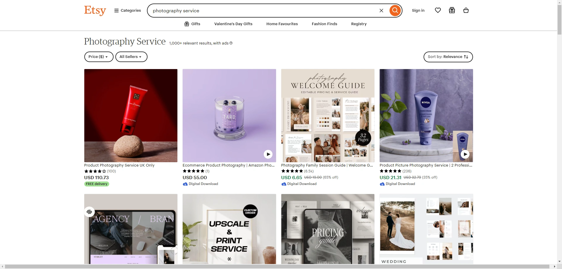 Etsy search results for photography services.