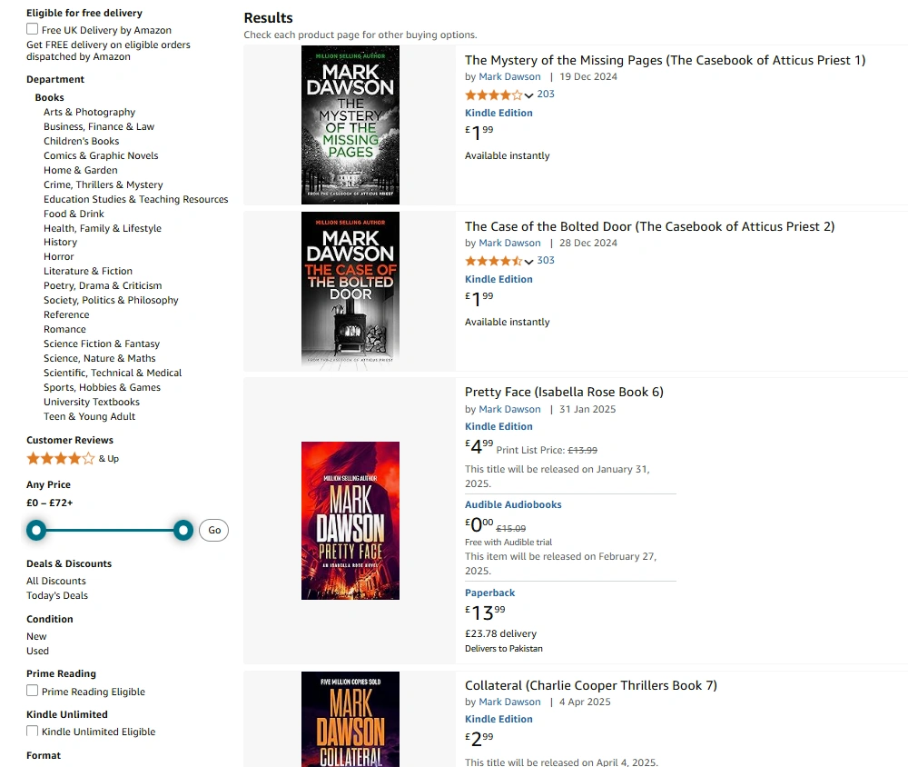 Amazon's search results for Mark Dawson's books.
