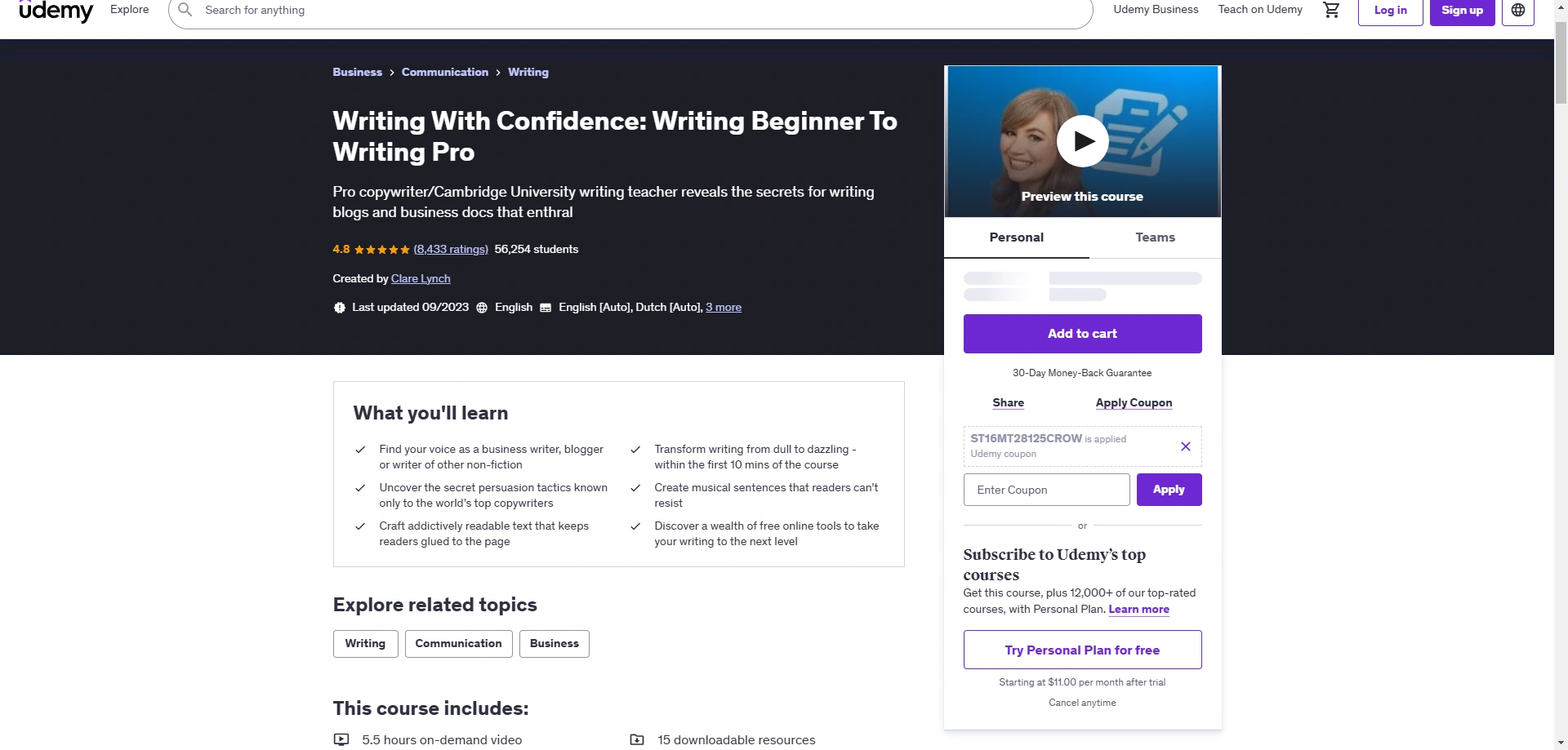 Banner for a Udemy course titled "Writing With Confidence".