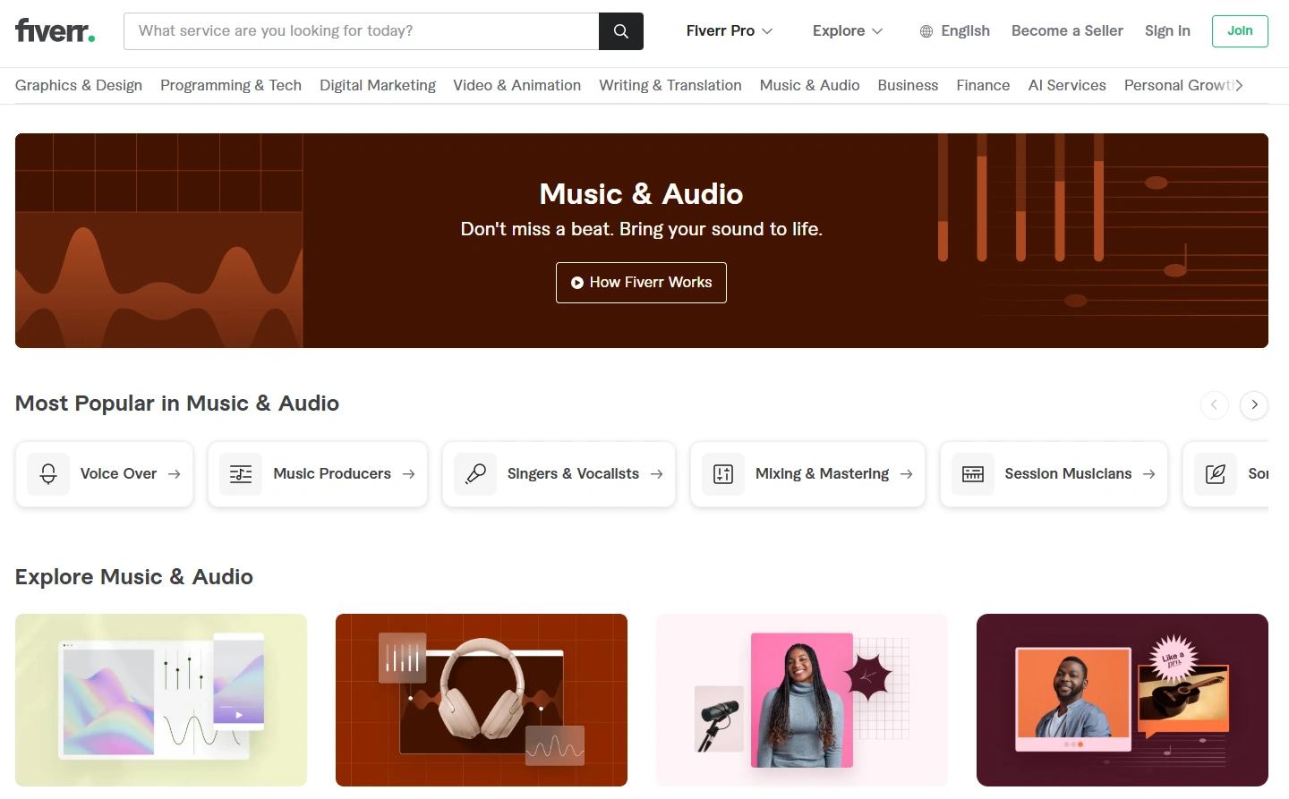 Fiverr's Music & Audio section showcases.