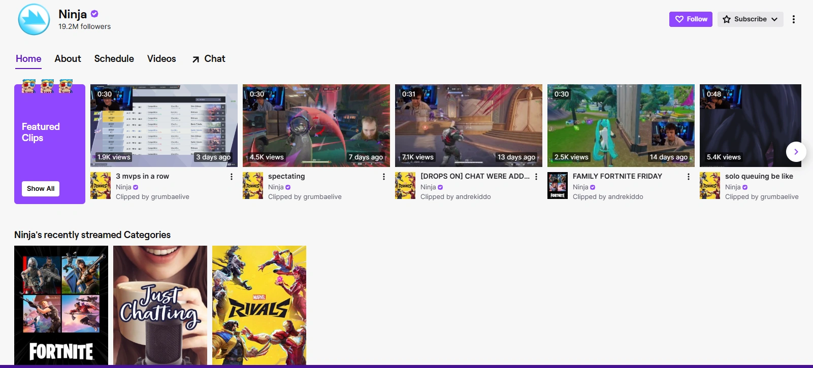Ninja's Twitch profile.