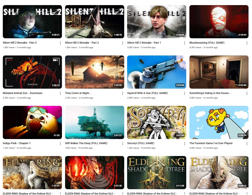 YouTube's search result for gaming videos.