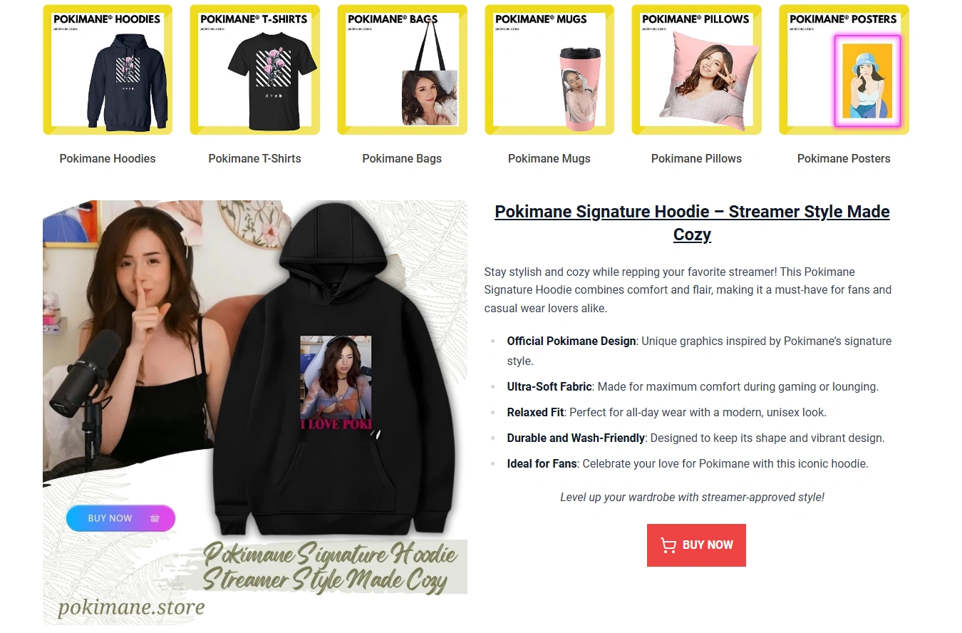 Pokimane's product page.