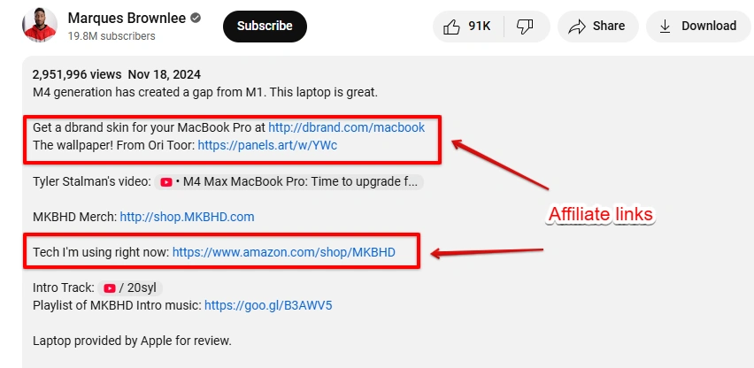 Marques Brownlee's YouTube description.