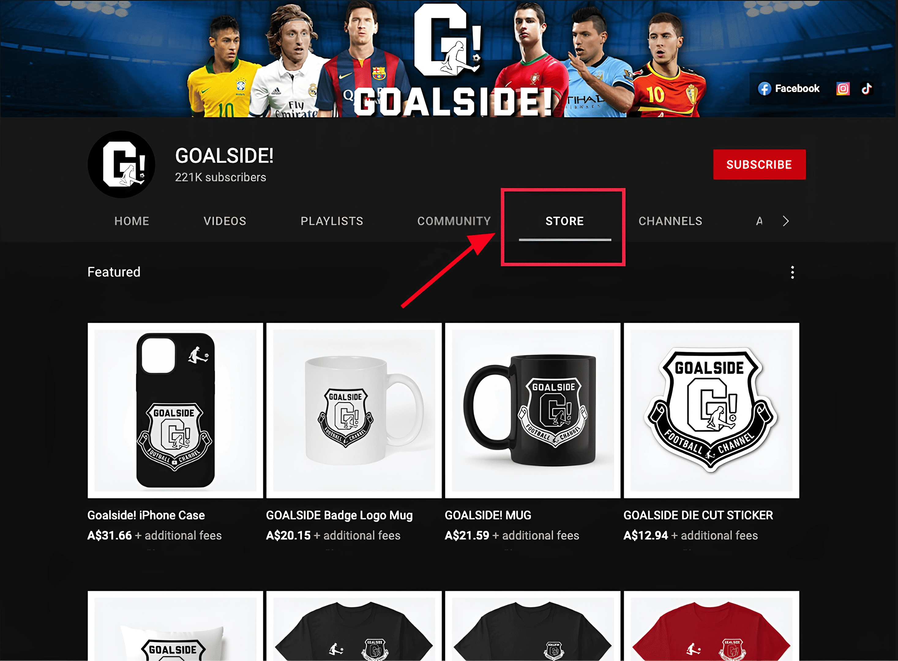 Goalside's YouTube store section.
