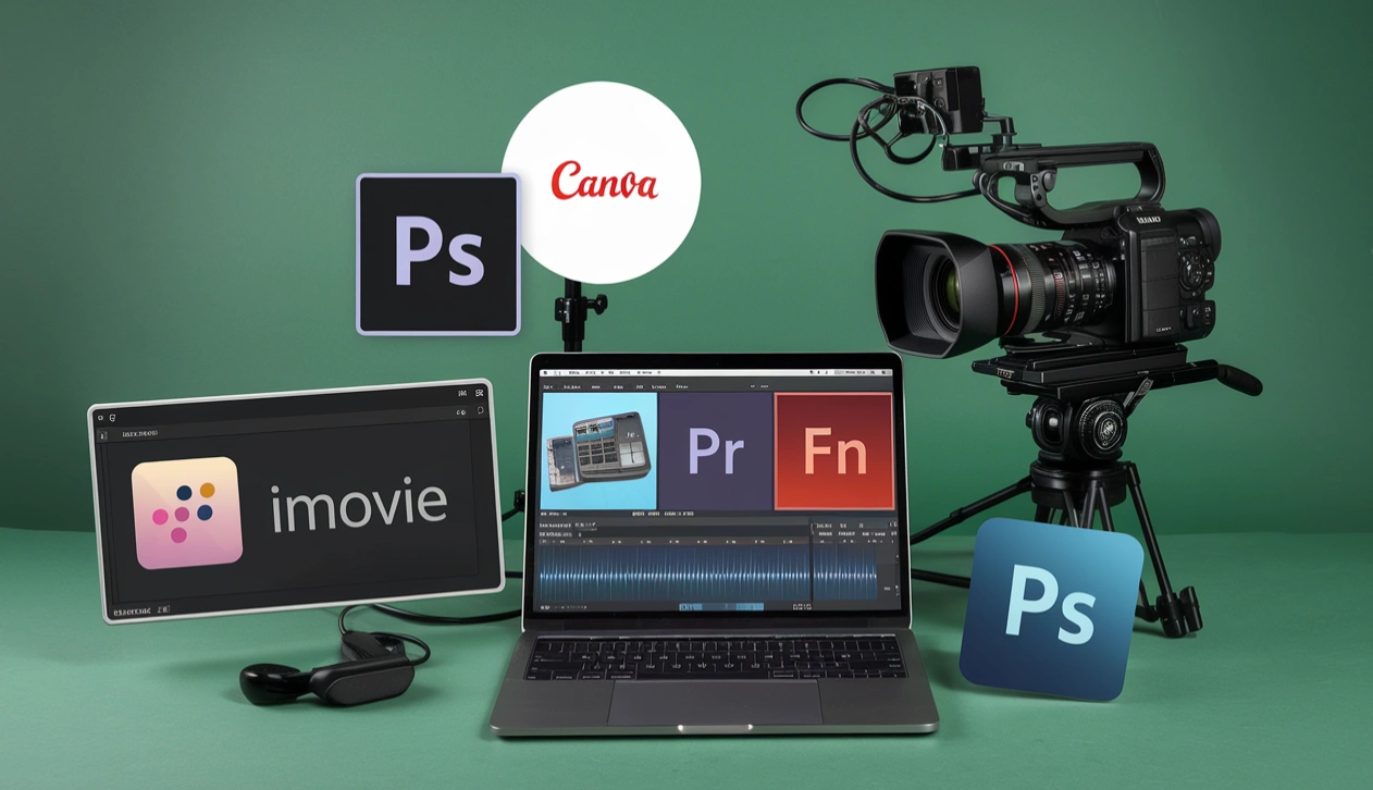 Laptop with editing software, camera on tripod, and light on green background.