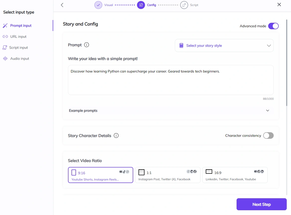 Zebracat's prompt input page.