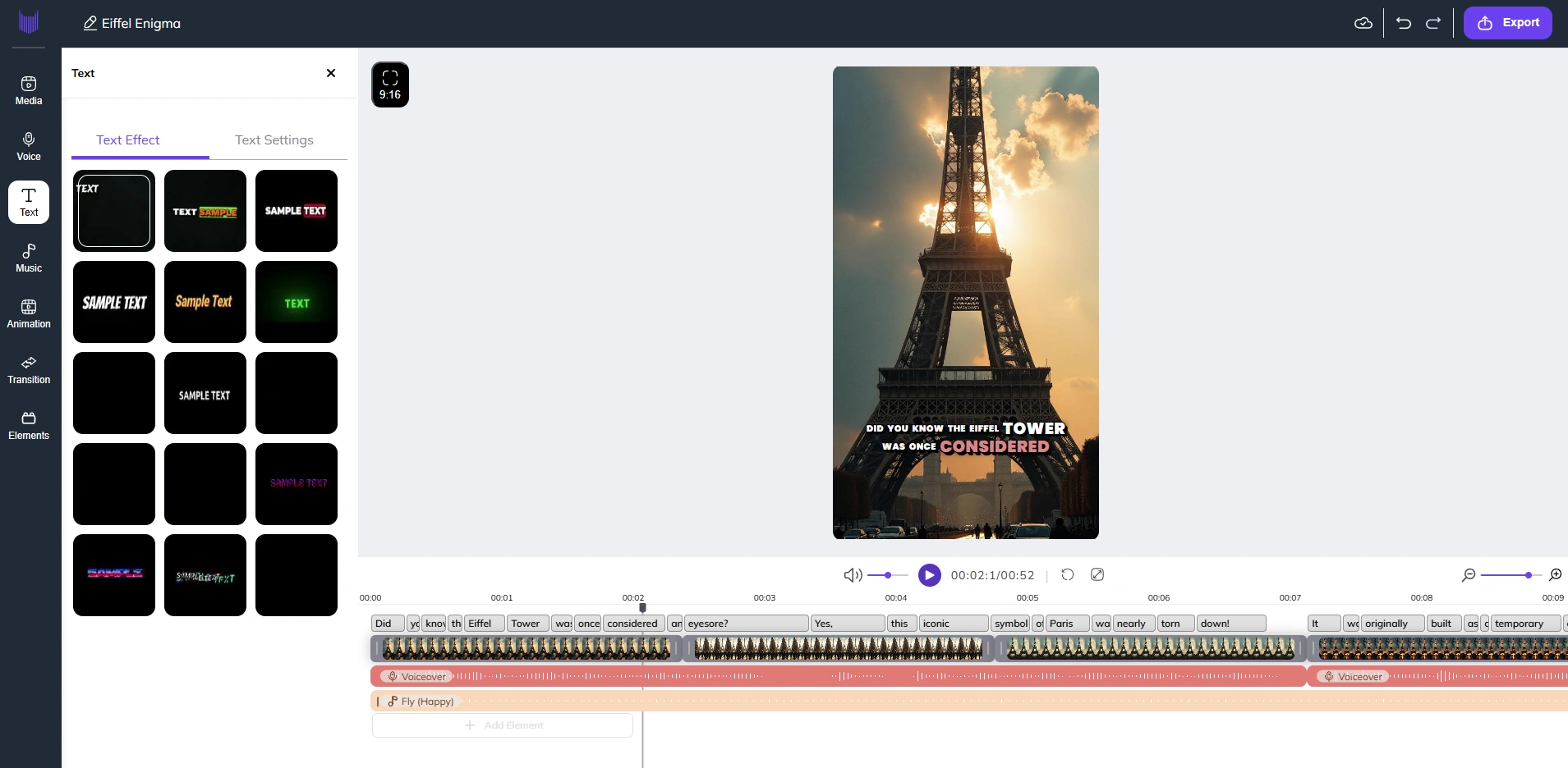 Video editing page of Zebracat