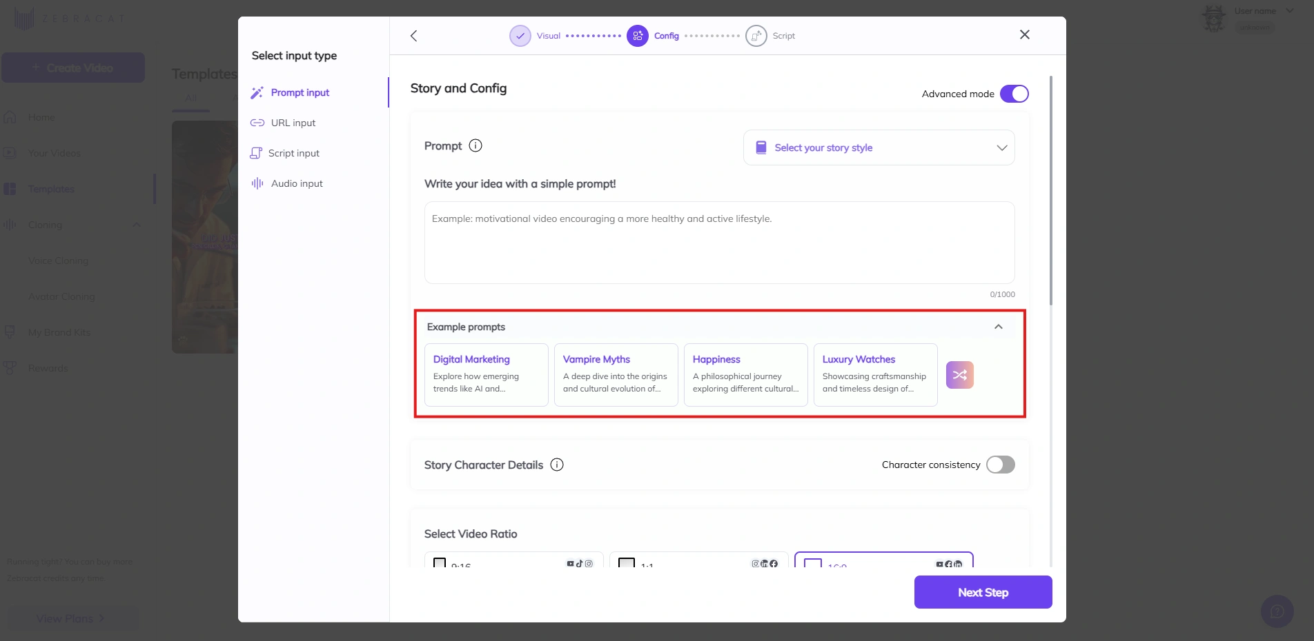 Zebracat's video creation interface.