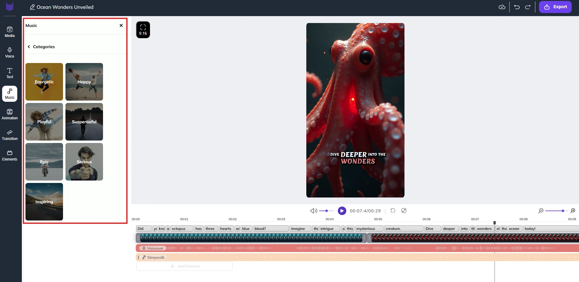 Video creation music section of Zebracat.