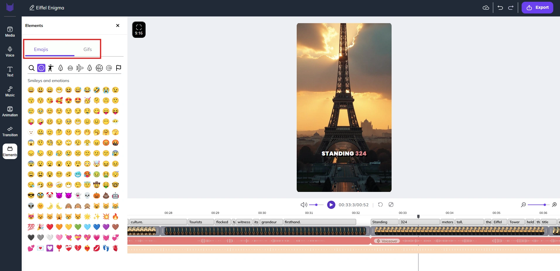 Emojis section in Zebracat's video creation interface.