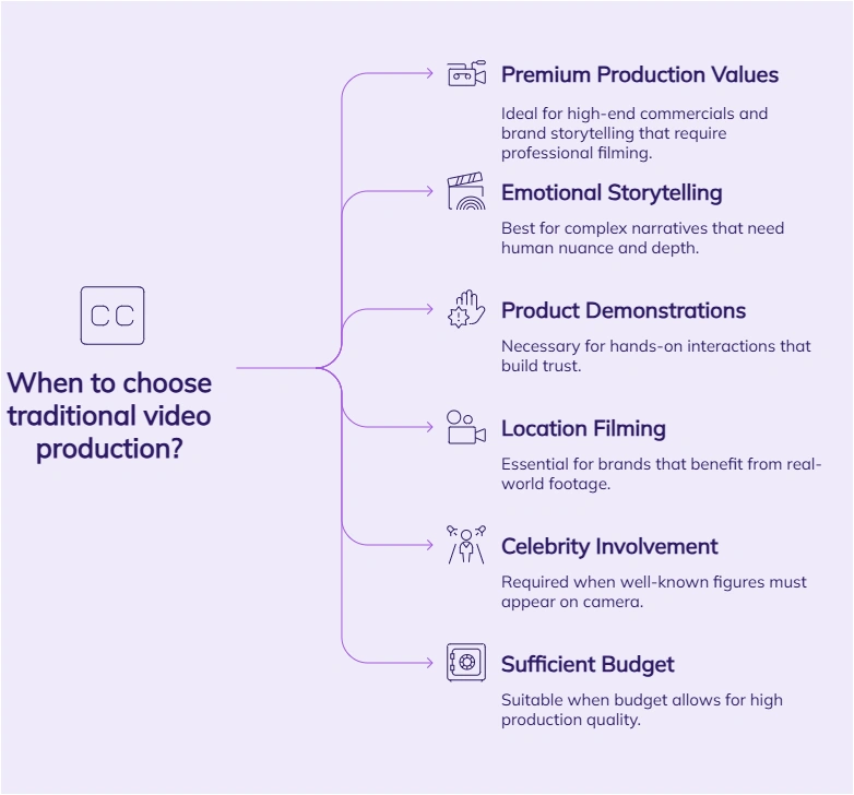Flowchart detailing factors for choosing traditional video production.