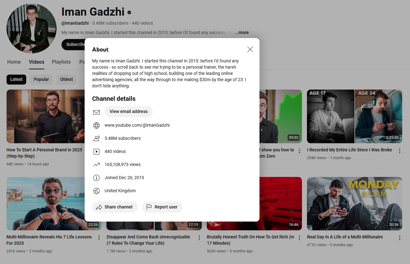 Iman Gadzhi's YouTube channel.