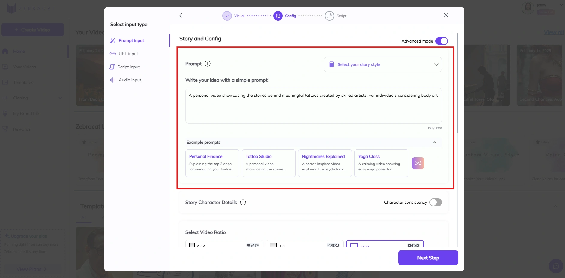 Zebracat's video prompt input interface.