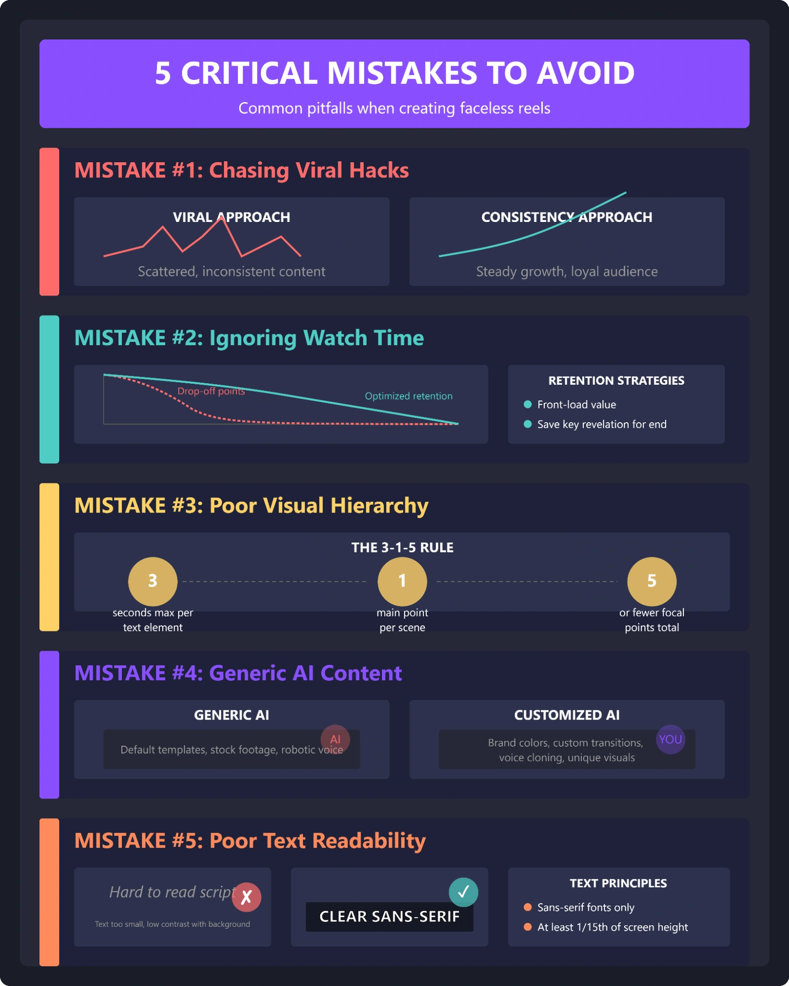 Graphic on common pitfalls when creating faceless reels.