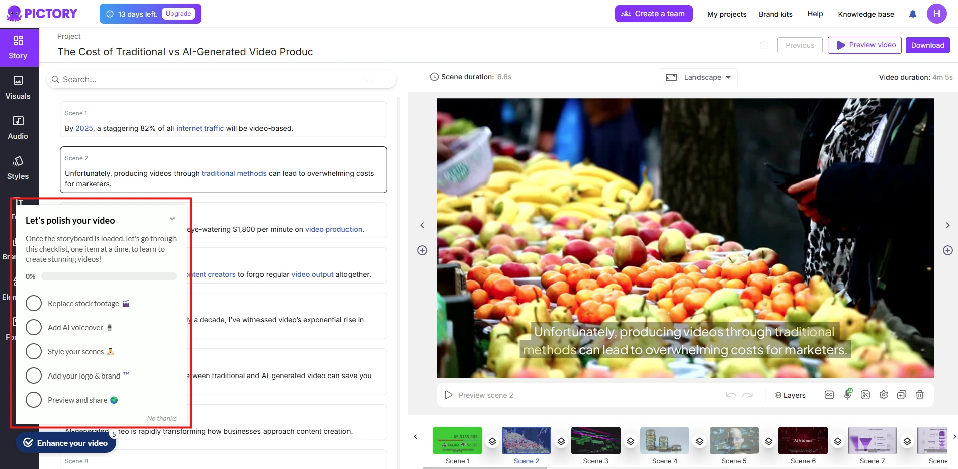 Pictory's video creation interface.