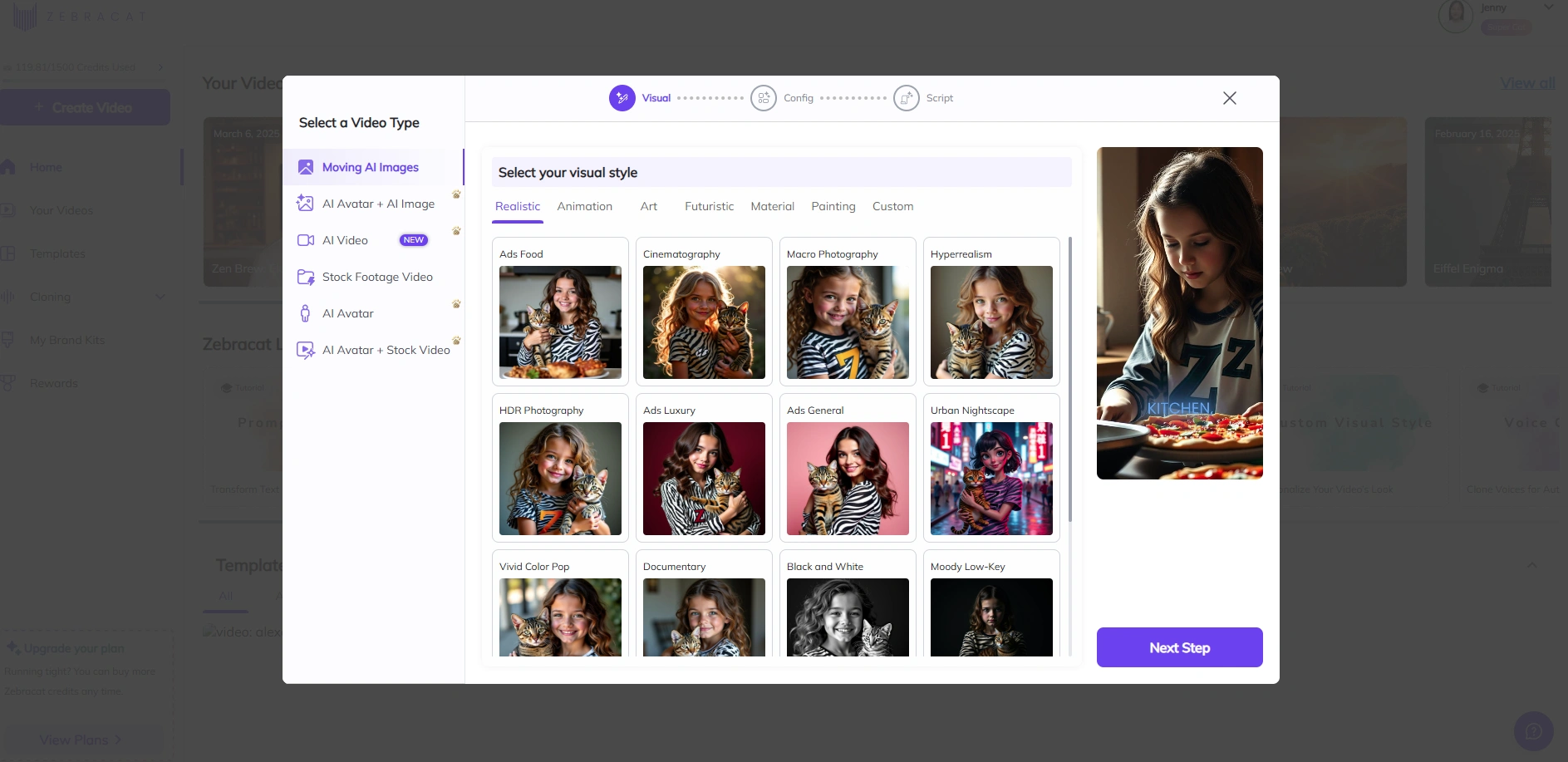 Zebracat's moving AI images interface.